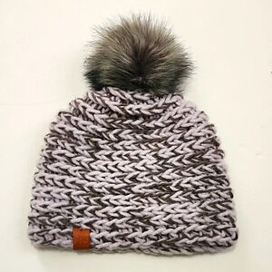 MJ Alleyway Womens/Unisex Pale Plum & Grey Wool Knit Hat Faux Fur Tassel Winter